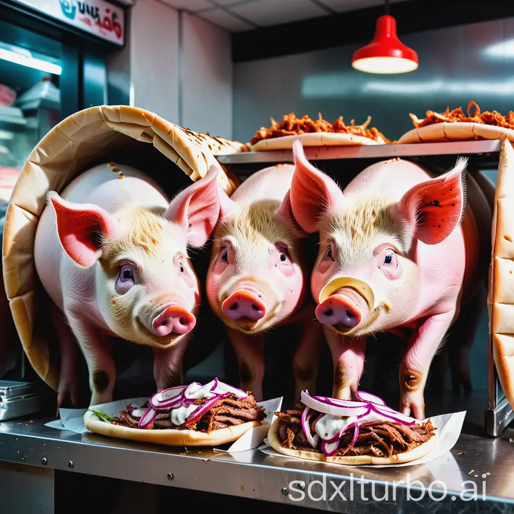 Pigs eating doner kebab in the shop