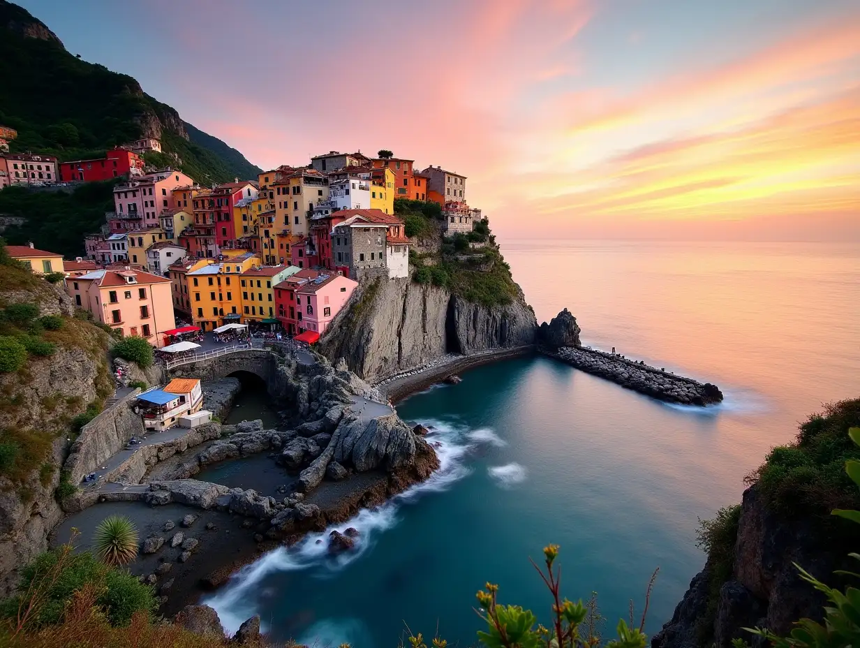 Riomaggiore town, cape and sea landscape at sunset. Cinque Terre, Liguria, Italy