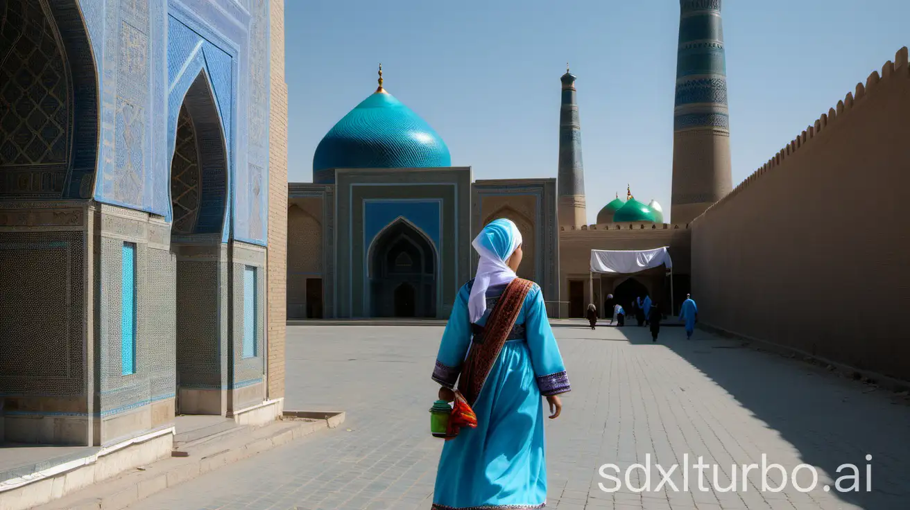 Uzbek-Girl-in-Traditional-Costume-Walking-Down-Ancient-Samarkand-Street