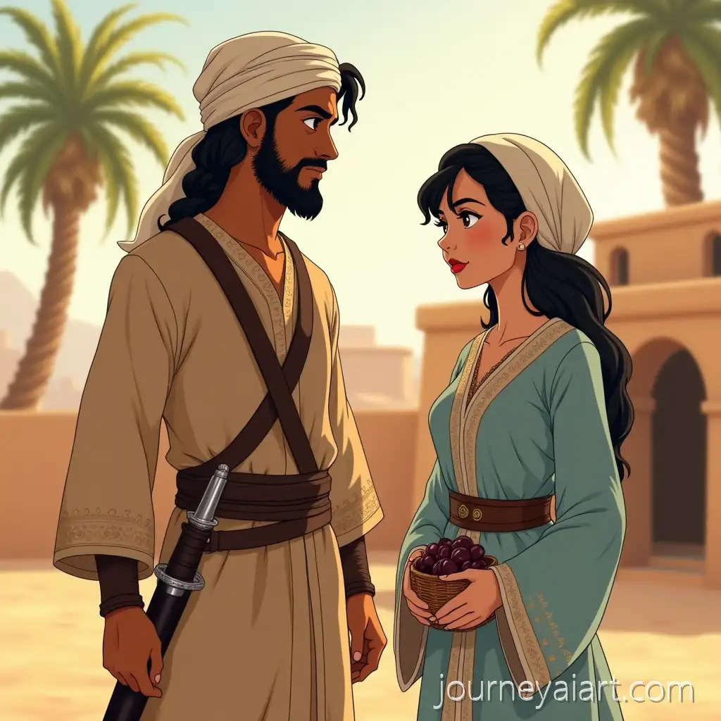 Arab-Man-and-Woman-in-Desert-VillageAI-Art-Prompt-Expansion-Early-Islamic-Era-2D-Anime-Style