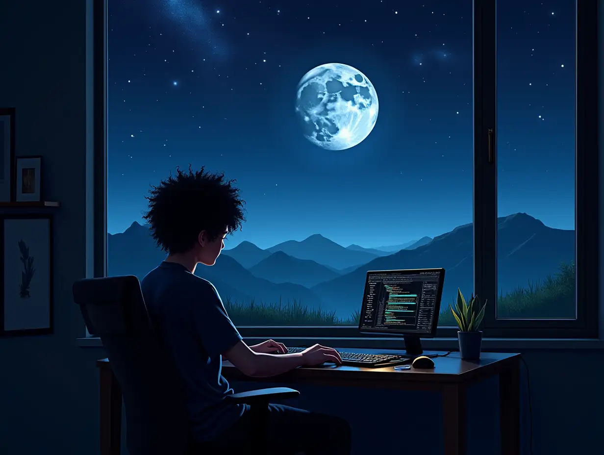 a type 3c hair beats producer creating a new beat in FL studio with his desk in front of a window and through the window one can see a night full of very bright stars and the big moon and green grass mountains below the sky