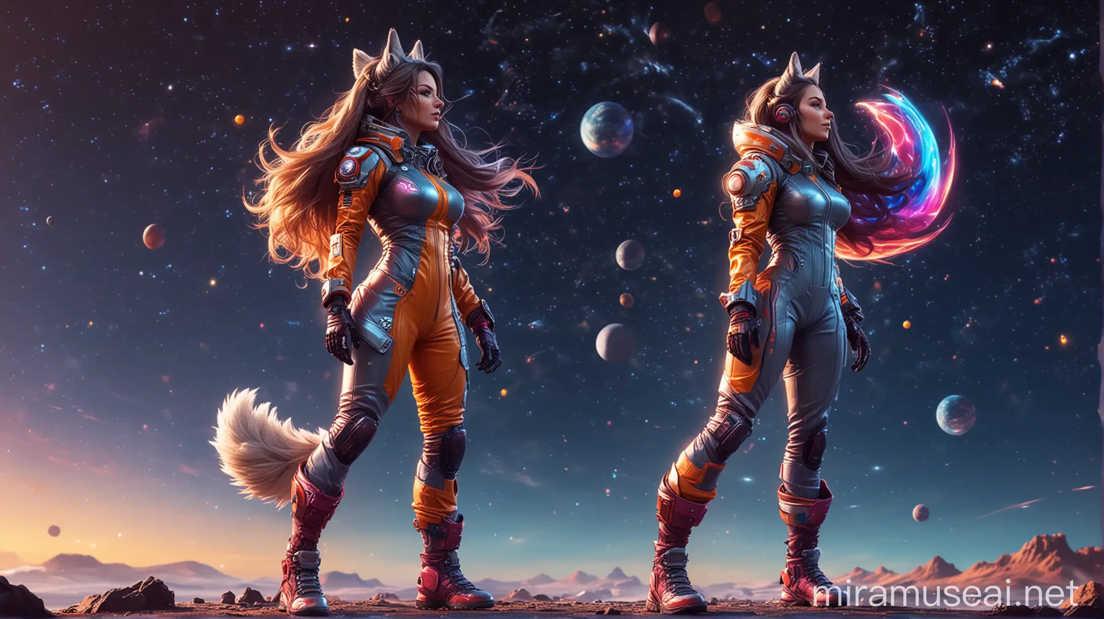 Futuristic Fitness Woman with Wolf Features in a Colorful Night Sky