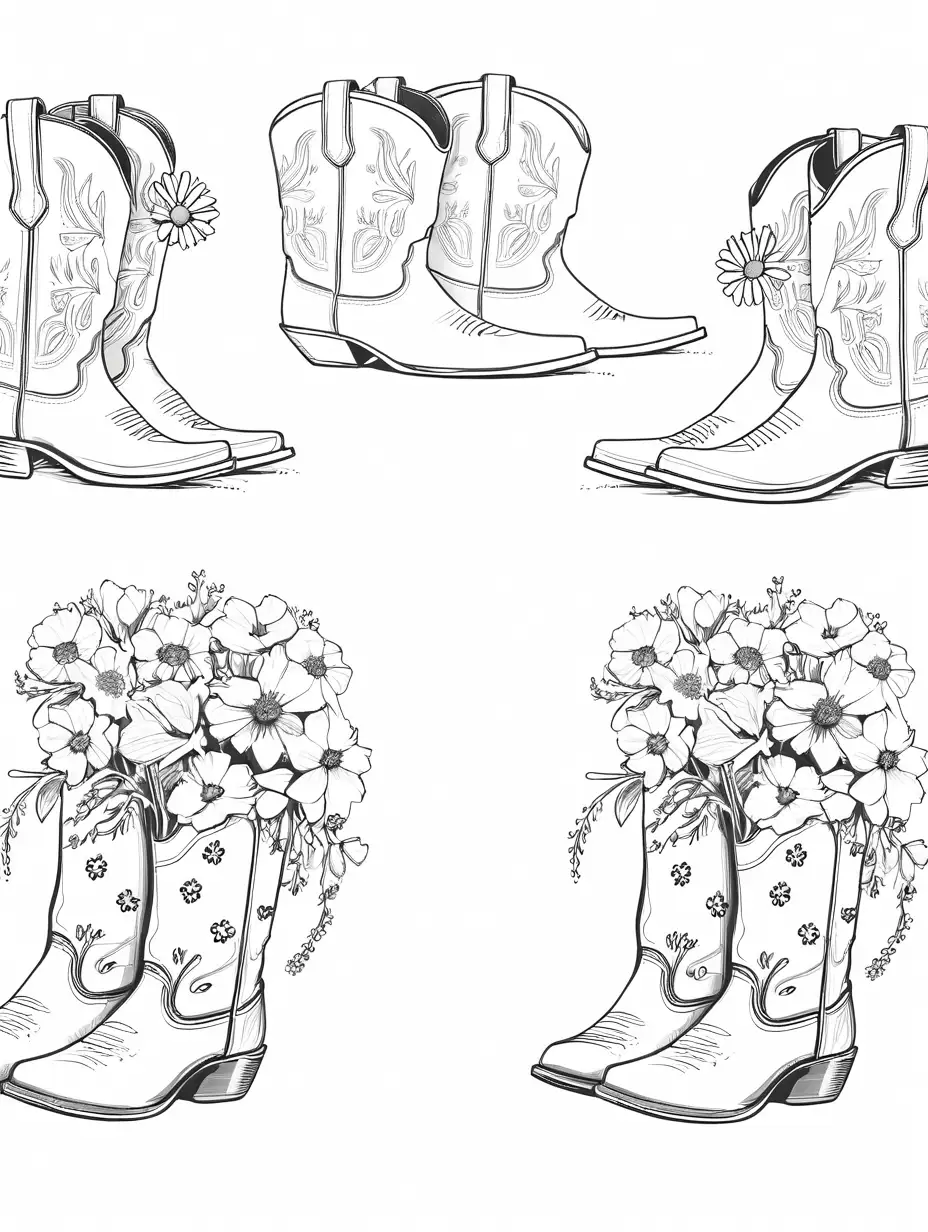 Cowboy Boots Sketch with Wildflowers