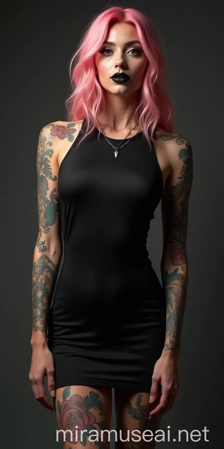 Photorealistic Woman with Faded Pink Hair and Tattoos in Black Dress