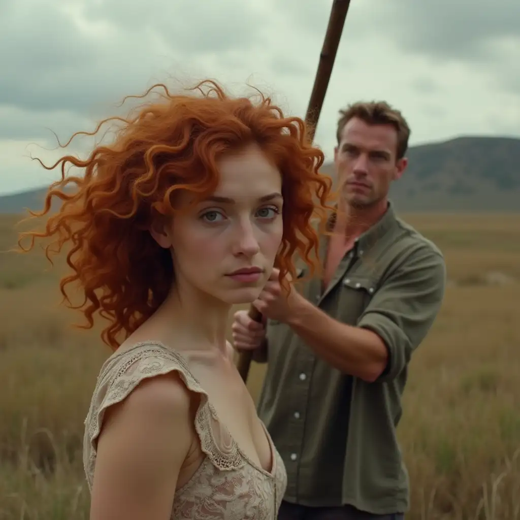 Man-Chasing-Woman-with-Red-Curly-Hair-Holding-a-Stick