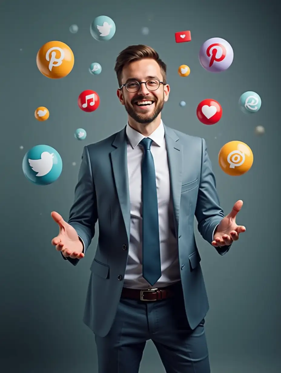 A man in formal wear standing confidently and smiling and around him bubbles contains 3D social media icons, digital marketing icons