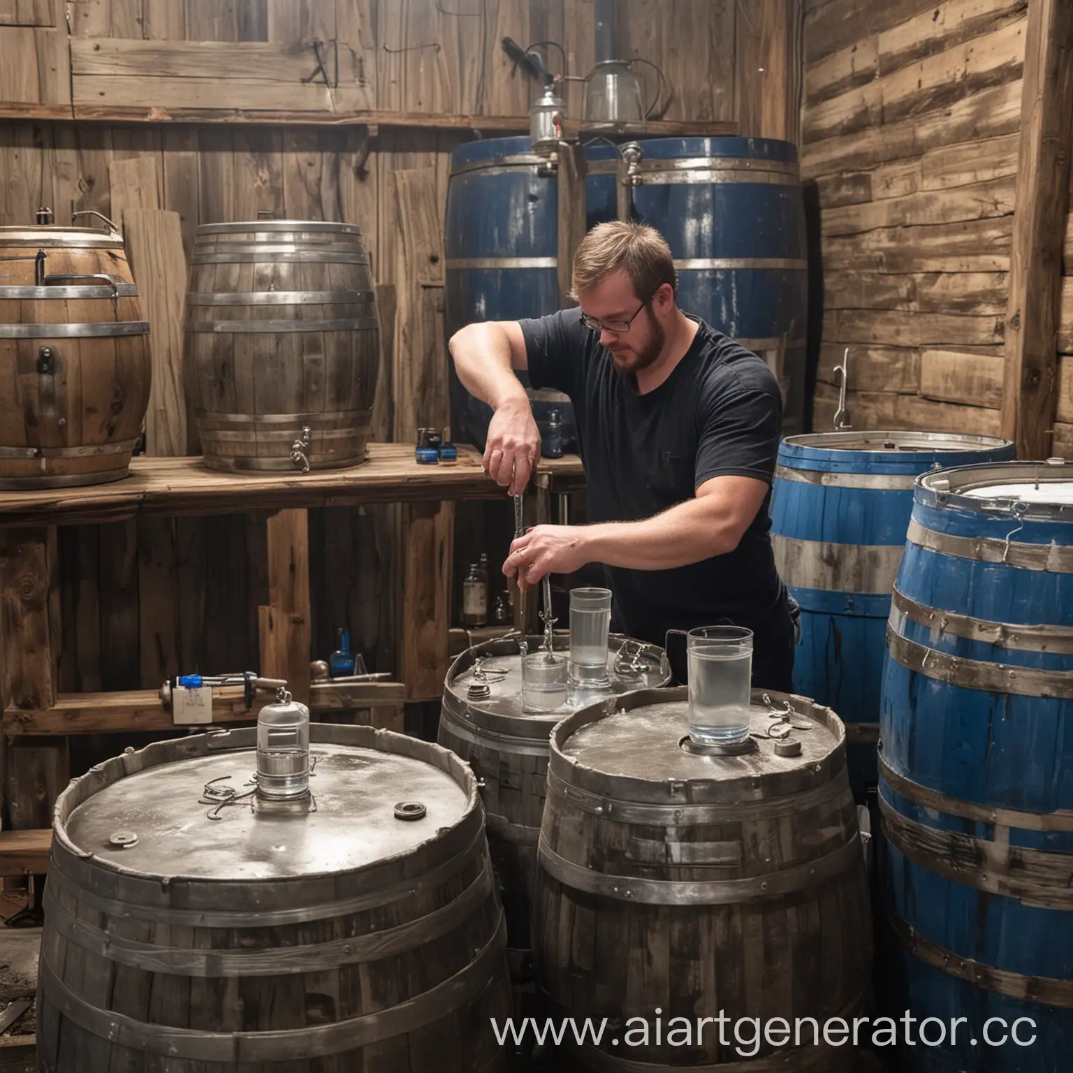 Fat-Distiller-Making-Moonshine-Next-to-Blue-Barrels