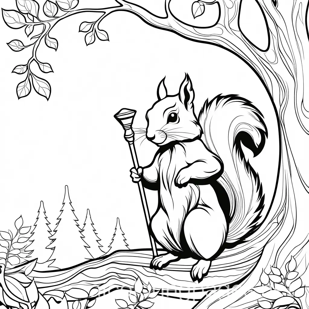 Squirrel-Wizard-with-Magic-Staff-and-Dragon-Background-Coloring-Page