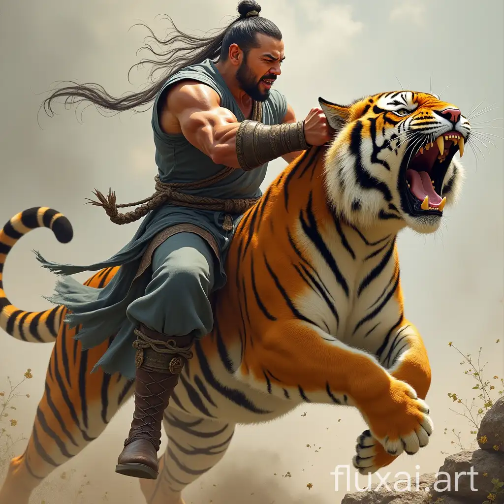 Wusong wearing ancient clothes, the whole person sitting on the tiger, one hand pressing on the tiger's head, another hand holding a big fist, swinging up his fist to hit the tiger. He muscular and resolute. Tiger open wide mouth, showing sharp fangs, emitting low roar. The scene is full of tension, air seems to perceive the outbreak atmosphere of fighting.