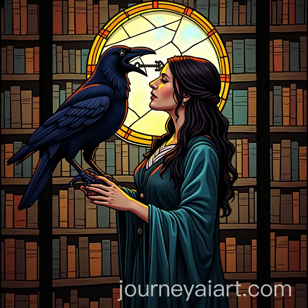 Stained-Glass-Artwork-of-Woman-with-Raven-and-Key-in-Library