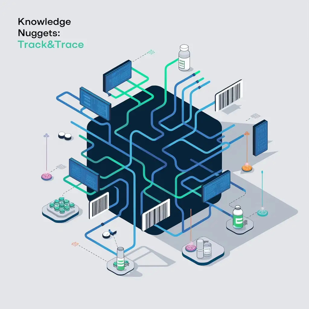 LOGO Design for Knowledge Nuggets Track Trace Futuristic Pharmaceutical Serialization with Cool Blue Green Tones