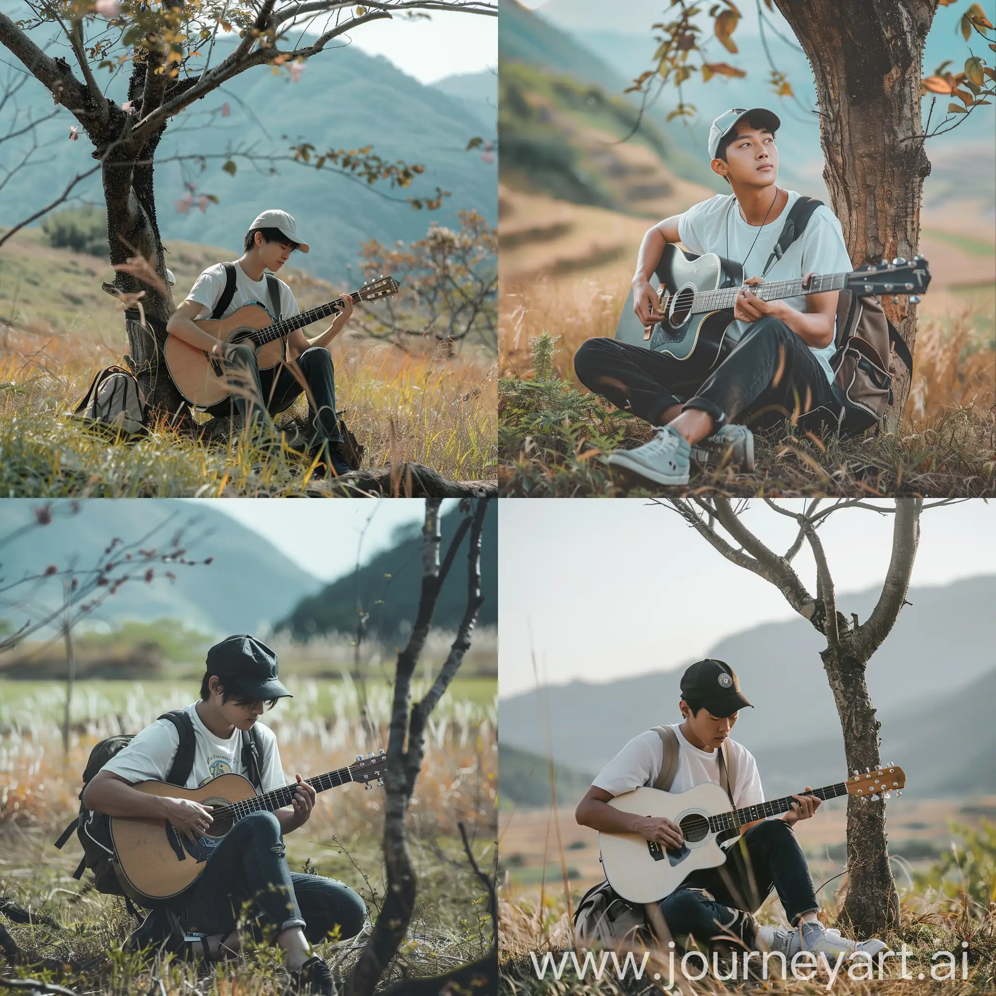 Young-Korean-Man-Playing-Guitar-Under-Dead-Tree-in-Mountainous-Field