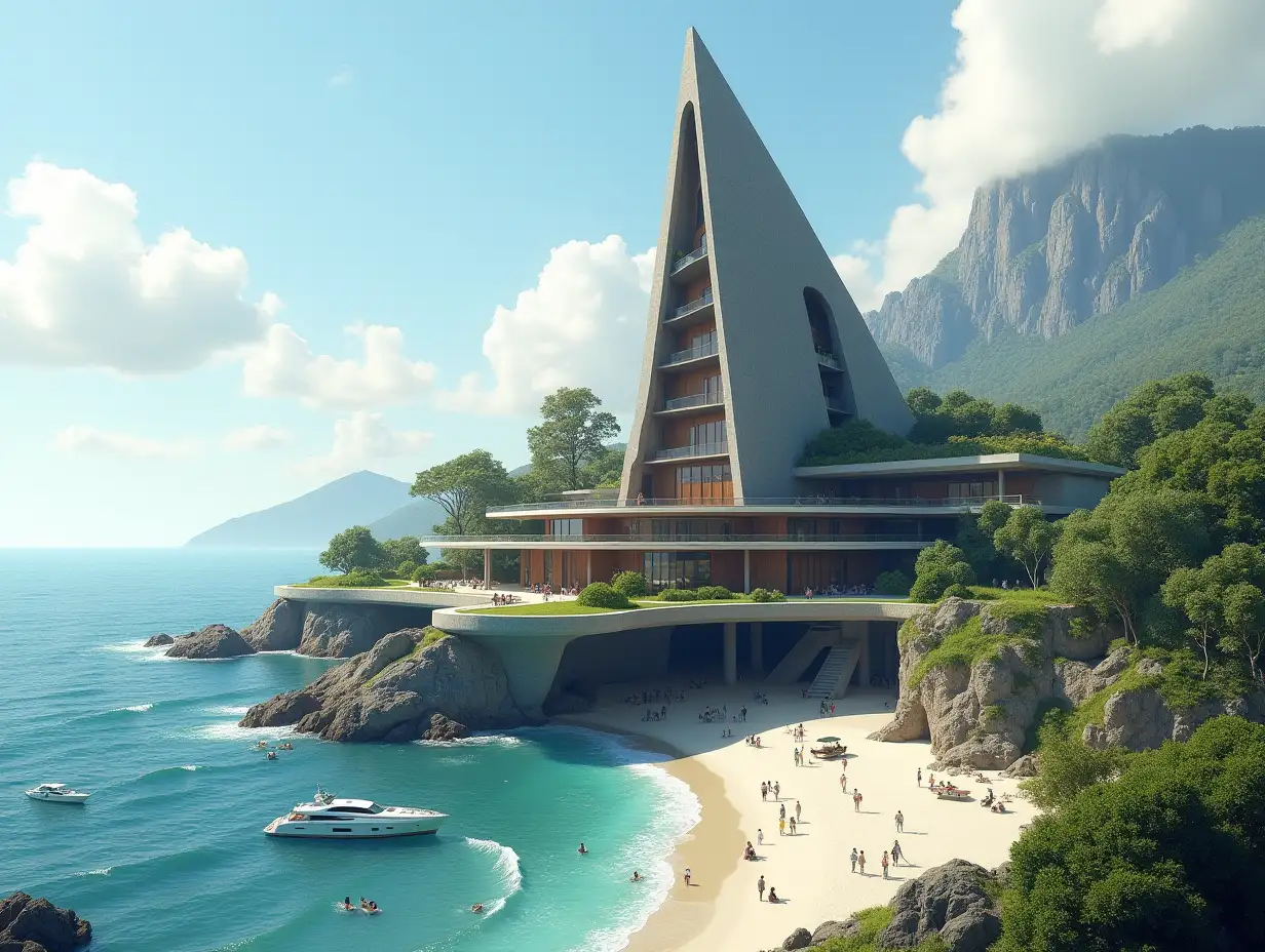 Create a high-resolution, realistic panorama image of a futuristic terrace building with window pyramid house with bridge, a yacht and a small boat beach with people, many plants and grey and brown facades with sea with waves, large trees, black clouds