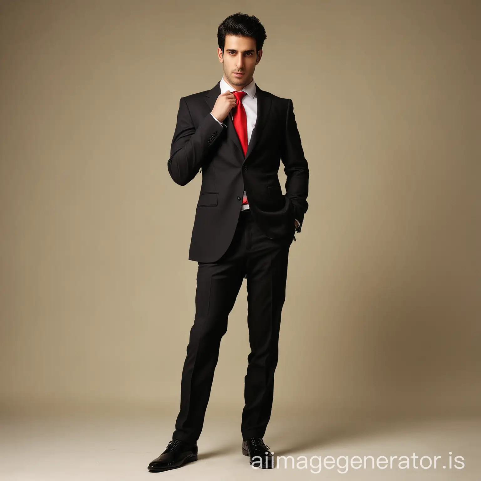 Elegant-Iranian-Man-in-Black-Suit-with-Dramatic-Lighting-on-Yellow-Background