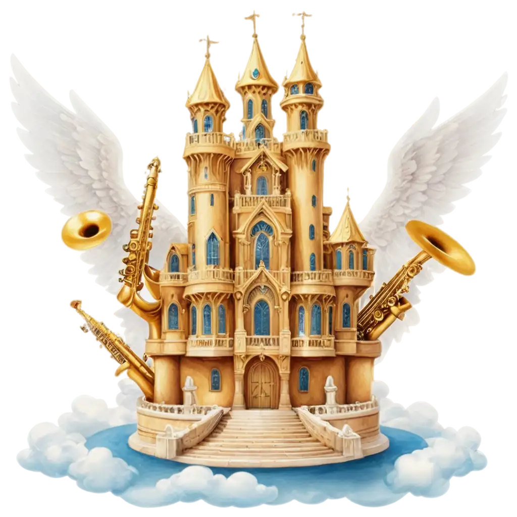 Floating-Golden-Castle-PNG-with-Saxophone-Clouds-and-Archangels-Perfect-for-Creative-Projects