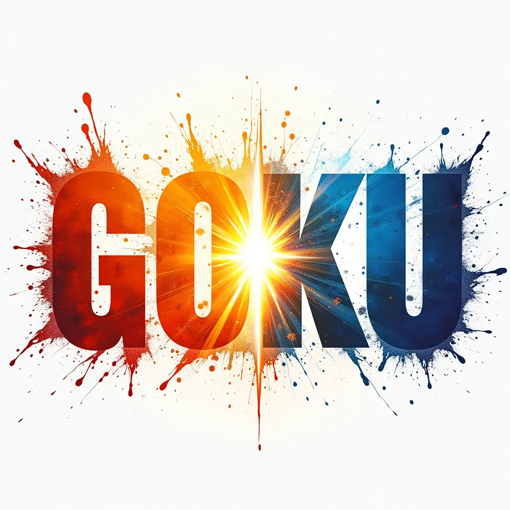 Create a high-resolution typography design of the name “GOKU” in all caps, using a thick, bold sans-serif font. Style the text with vibrant splash-paint effects, radiating outward from the center of the letters in dynamic energy bursts. The design should reflect Goku's transformations and his pure, unstoppable spirit. Start the color gradient on the left with deep orange and gold (his classic gi), transition into bright yellow (Super Saiyan), then flow into electric blue and white (Super Saiyan Blue), and end with deep silver and purple highlights (Ultra Instinct). The center of the word should be cracked or glowing, with an energy core—symbolizing his internal power. Let the splash effects explode in different directions from behind and around the text, using layered watercolor strokes and subtle lightning veins. Incorporate a vertical or central energy burst splitting the letters to echo his power surging upward. Optional: hide Goku’s silhouette in Ultra Instinct or Super Saiyan pose subtly behind the typography or within the splash trails. The style should capture Goku’s growth, determination, and explosive strength—blending chaos and control, energy and clarity, all in a visually striking anime-comic fusion.