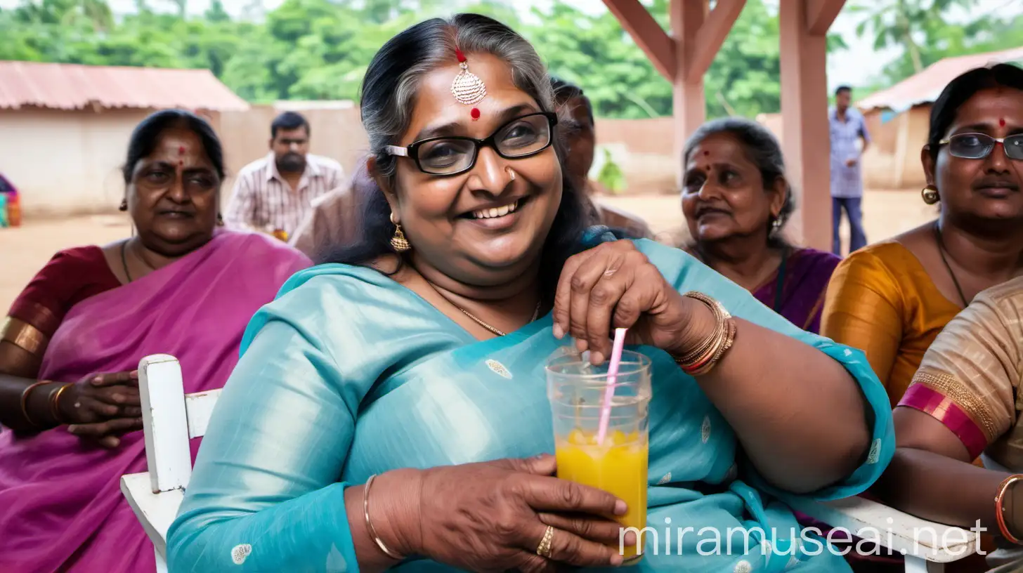 Smiling Mature Indian Woman in Village Marriage Party with Cold Drinks