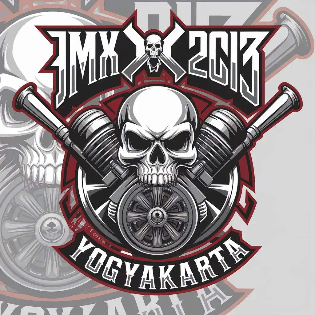 a vector logo design,with the text "JMX MC 2023 YOGYAKARTA", main symbol:skull with MOTOR WHEEL using font of metal band,complex,be used in Automotive industry,clear background