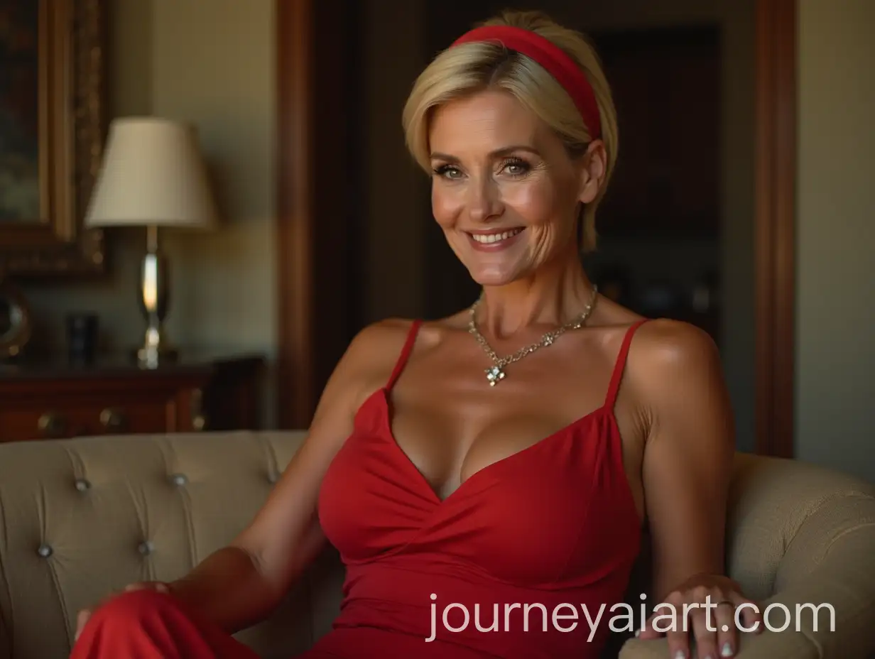 Elegant-50YearOld-Woman-in-Red-Dress-Sitting-on-Couch-with-Headband