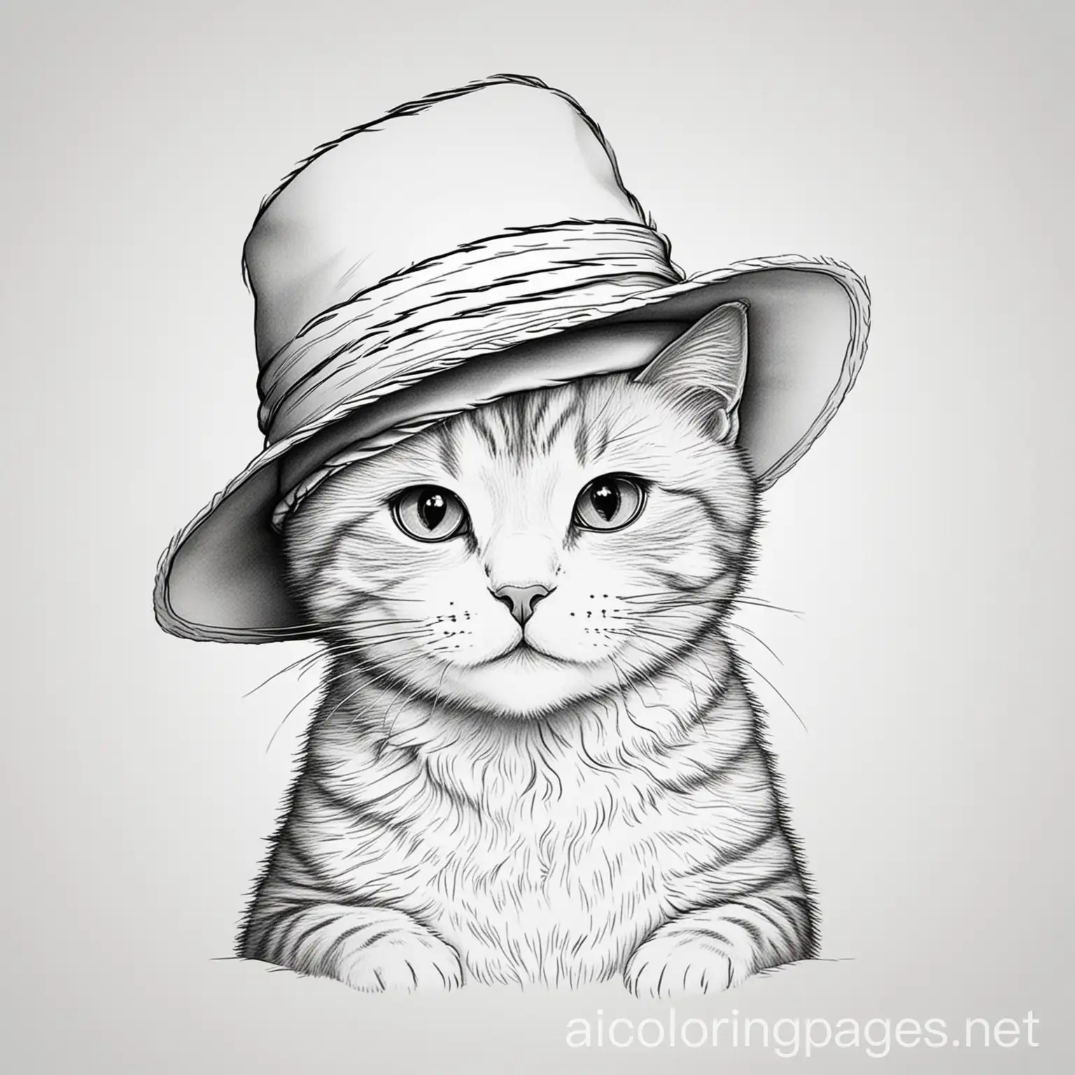 cat with a hat, Coloring Page, black and white, line art, white background, Simplicity, Ample White Space. The background of the coloring page is plain white to make it easy for young children to color within the lines. The outlines of all the subjects are easy to distinguish, making it simple for kids to color without too much difficulty