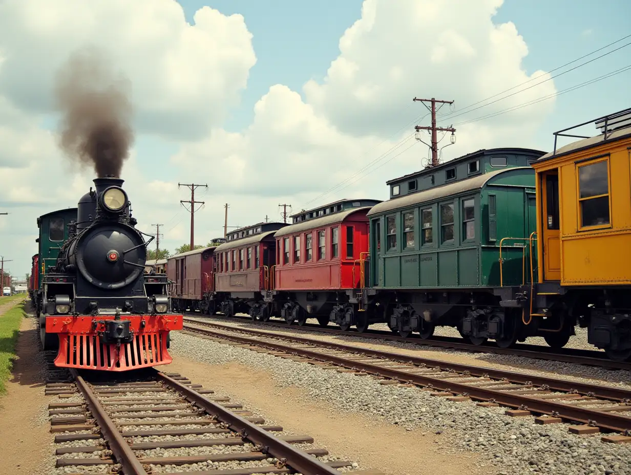 A colorful train yard in the 1860's in America showing the engine and carriages