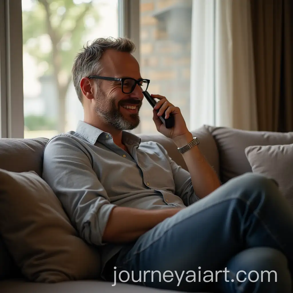Man-Relaxing-on-Couch-with-Phone-Enjoying-Leisure-Time