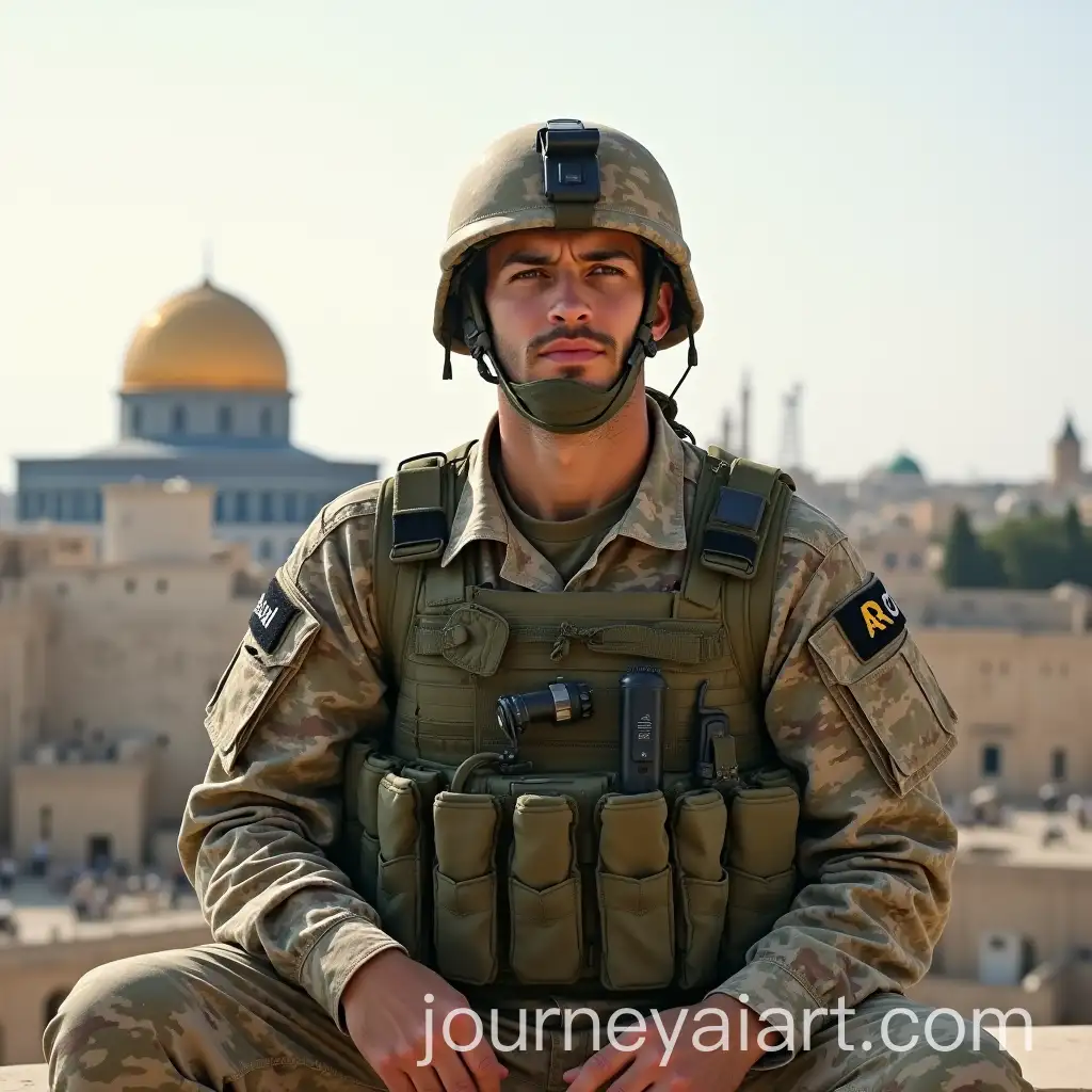 Soldier-in-Camouflage-Shirt-with-Dome-of-the-Rock-in-Background