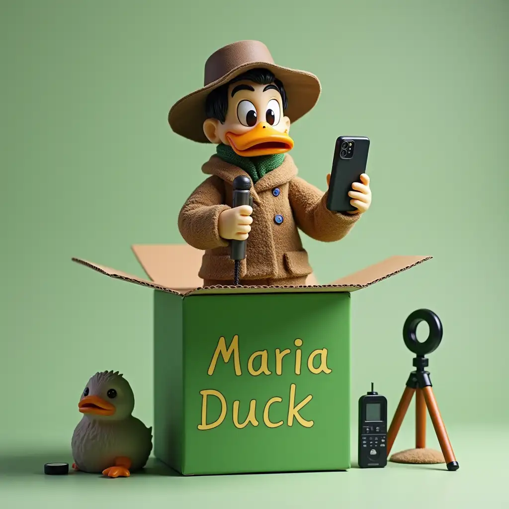 Create an action figure on photo. It should be a full-size figurine. The toy should be standing inside [green] box, and next to the figure there will be its accessories: [mobile phone, ring lamp and tripod]. On the box write [Maria], and under it - [Duck]. Depict as realistically as possible.