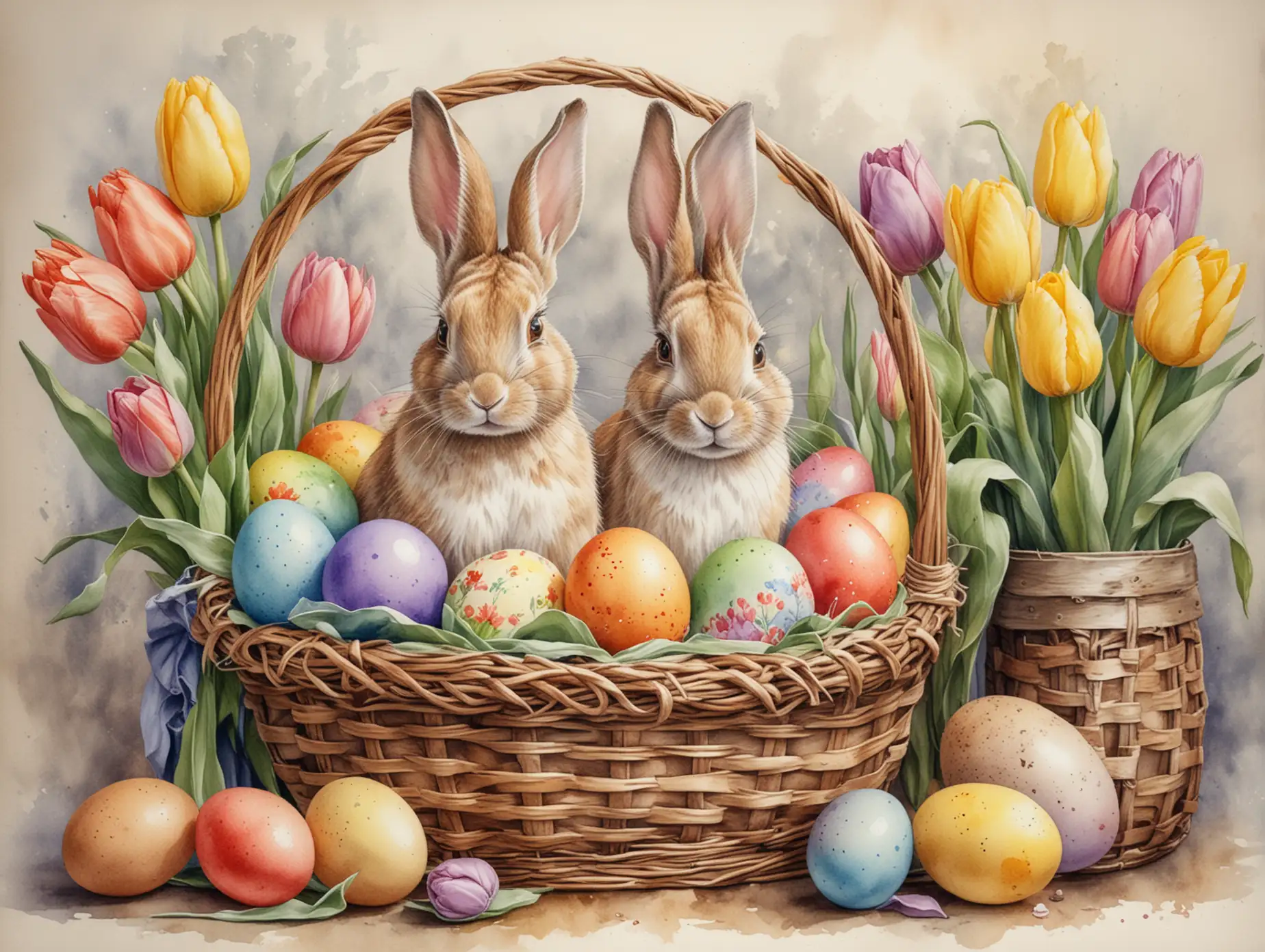 Rabbit-with-Tulips-and-Colorful-Easter-Eggs-in-a-Basket-Watercolor-Drawing