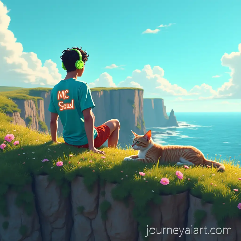 Young-Man-with-Neon-Headphones-and-Cat-onAI-Image-Prompt-Expansion-Sunny-Cliff-with-Vibrant-Flowers