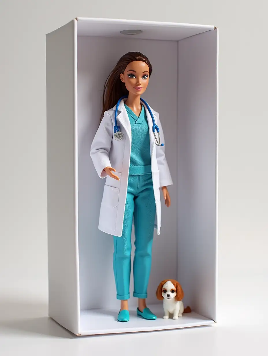 Create an image of a Barbie doll in clothing based on the photo. This should be a full-size action figure, based on the provided image. The person on the photo is a vet doctor Figurine is standing inside a white box like a Barbie packaging. Near the figurine should be its accessories: ...