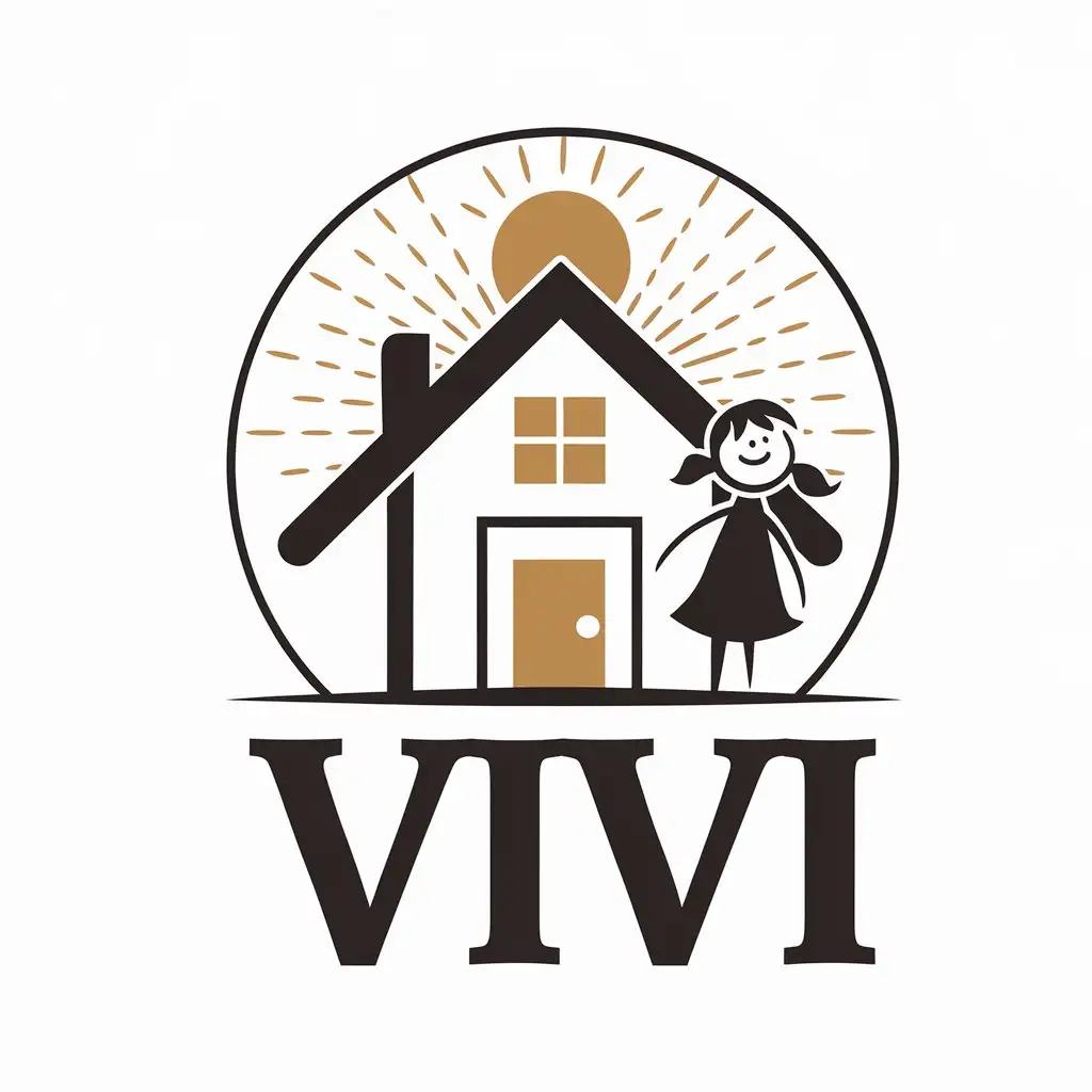 a vector logo design,with the text "vivi", main symbol:Sunlight, house, girl,Moderate,be used in Real Estate industry,clear background