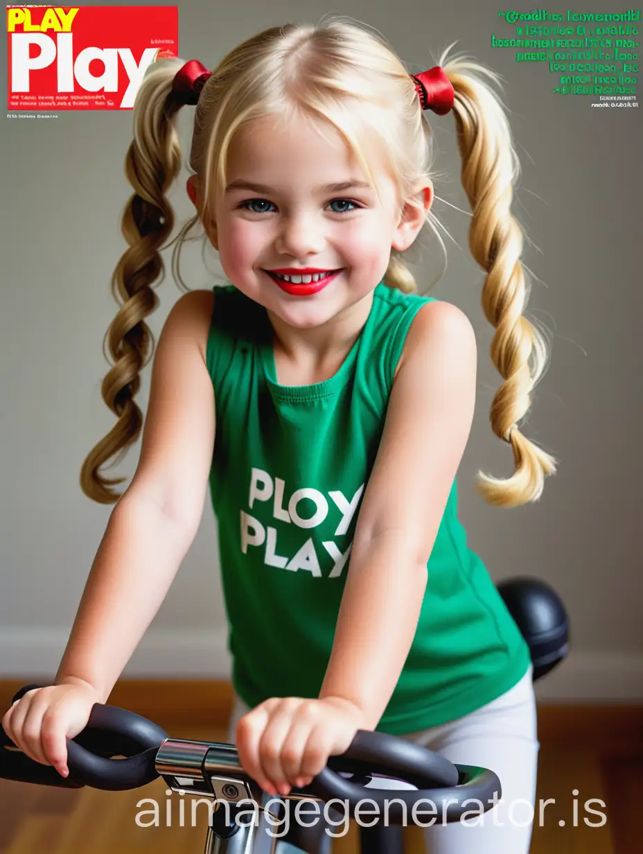 little girl, blonde, wonderful, beautiful, red lipstick, smiling, has back, age 7, small golden mini strings from heaven, emerald, bold back, pigtails, on exercise bike, 'Play Toy' text like from magazine covers