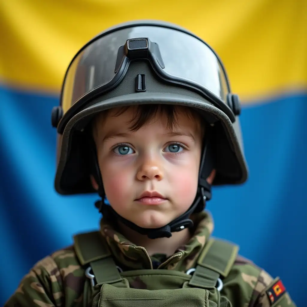 a small boy with blue eyes on the front in protective form and helmet of Ukrainian armed forces 2022-2024 years against the backdrop of a yellow-blue flag