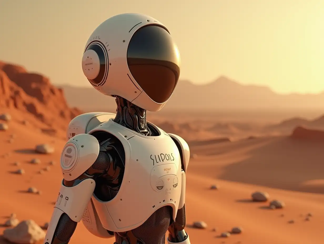 Create a high-resolution, realistic image of the two meter tall artificial intelligence Robert on Mars 4k resolution with