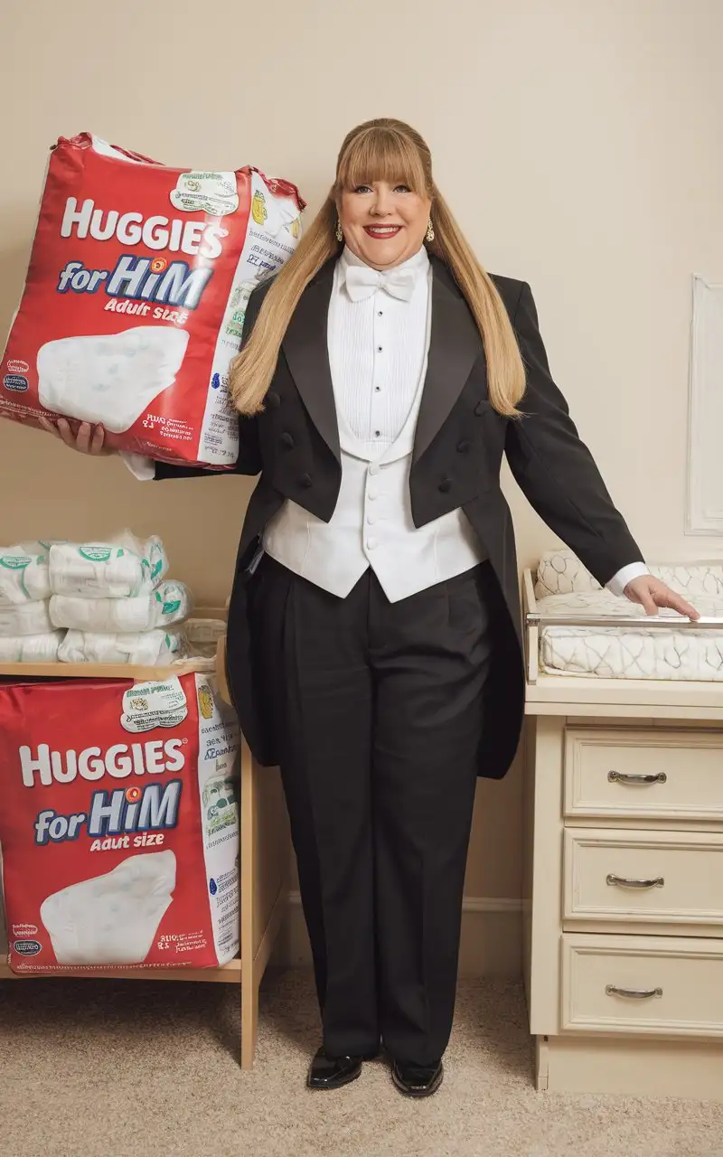 MiddleAged-Woman-in-Formal-Tuxedo-Holding-Huggies-Package-in-Nursery