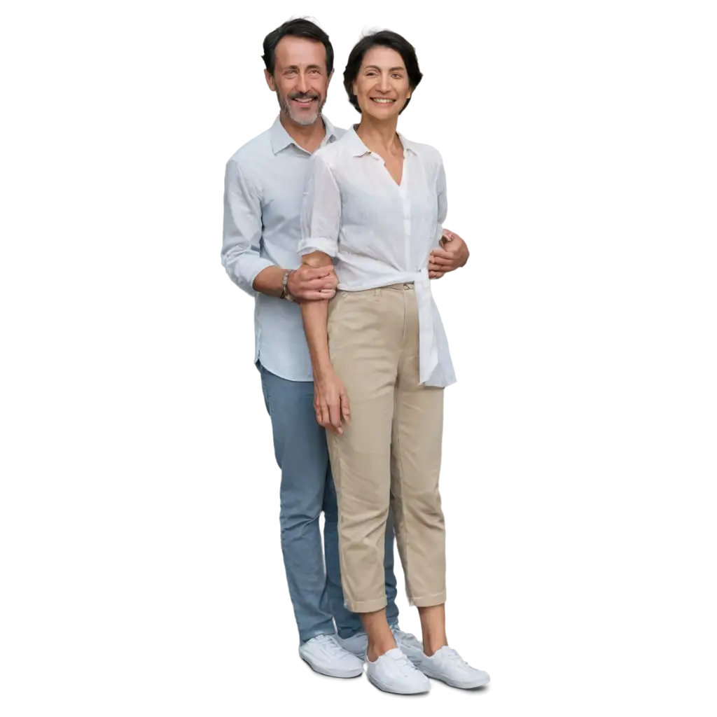 A loving couple of parents standing side by side, smiling gently. The father is wearing a casual shirt and trousers, and the mother is in a modest dress. Both look kind and approachable. The design is clean and high-quality, with a transparent background, full-body view, PNG format.