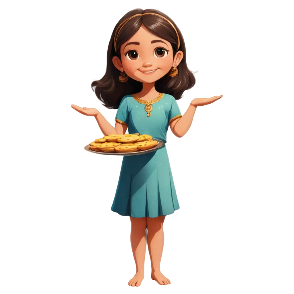 PNG-Image-of-Cute-Smile-Small-Cartoon-Kid-Girl-in-Indian-Traditional-Dress-Holding-Plate