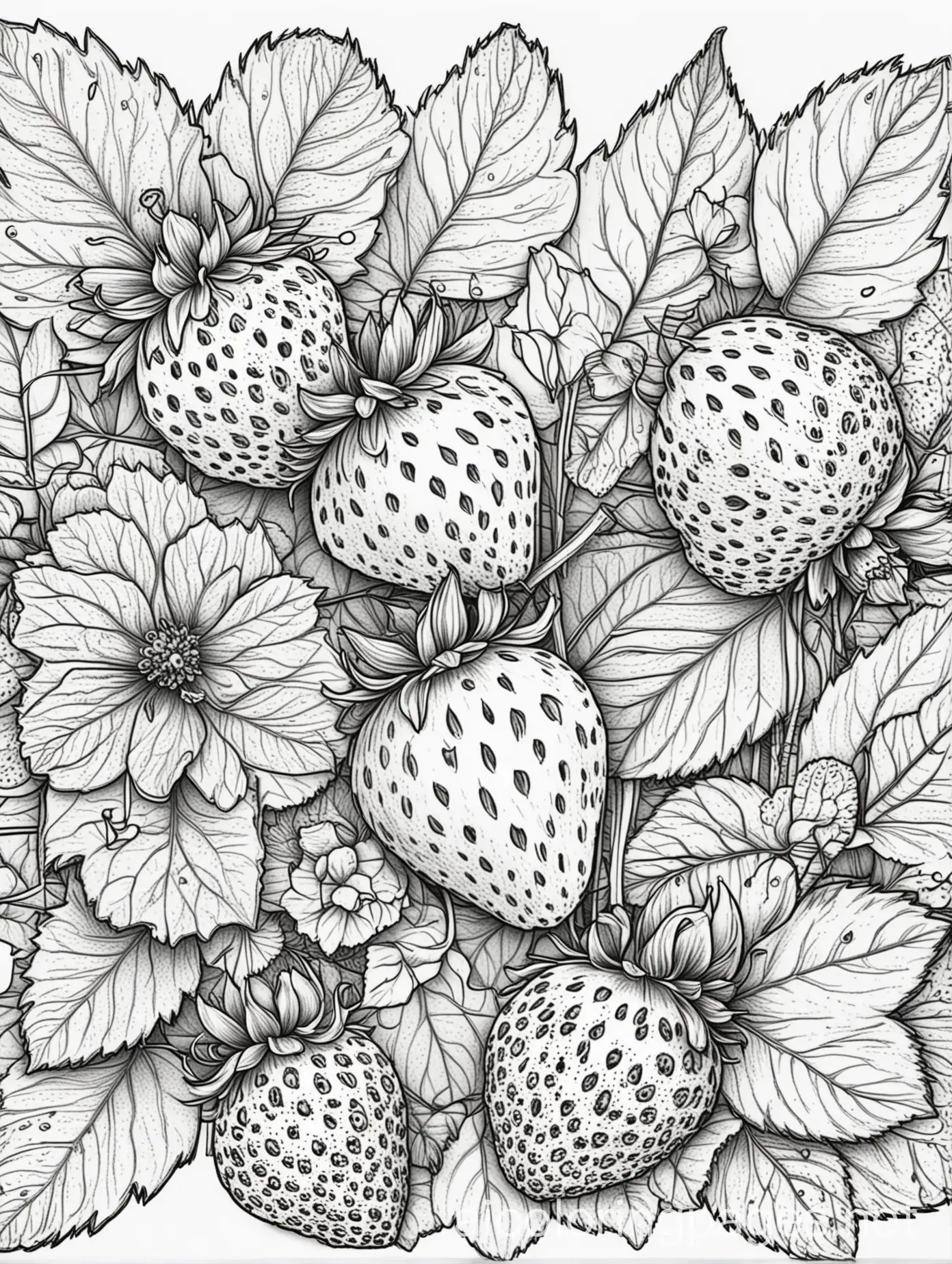 Delicate-Strawberries-with-Leaves-and-Blooms-Coloring-Page-for-Kids