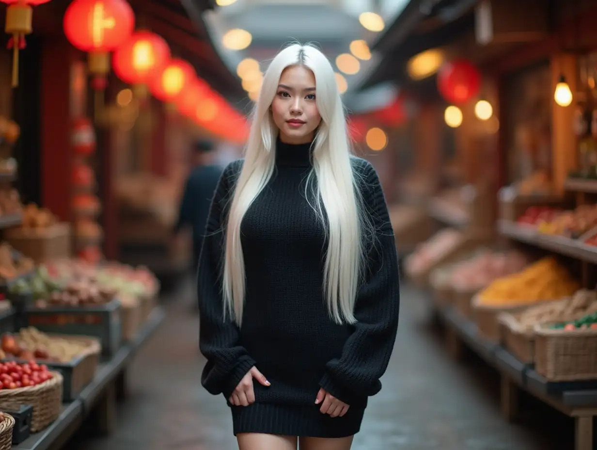 an Asian woman, rare beauty , long white hair, black knitted dress , fit legs, in a Chinese market, bokah, 4k, blurry background