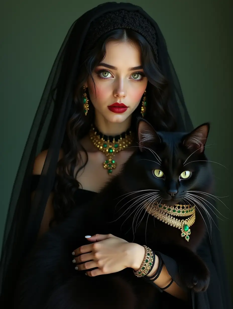 A young, beautiful woman with long, slightly curly black hair, a black lace veil over her hair, a dreamy look, subtle make-up, bright red lips and elaborate gold jewelry with emeralds is holding a large Norwegian Forest Cat in her arms, as big as she is, her eyes are green and bright and striking like the emeralds. She is wearing a black dress in the Gothic style. The cat is wearing a very elaborate gold collar with emeralds. 4K