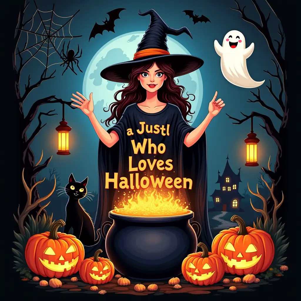 the words **Just a Girl Who Loves Halloween** in bold, in the center of the image. A witch casting a spell over a cauldron of bubbling potion, surrounded by pumpkins, a haunted house, and a black cat. A spider spins a web in the corner, and a ghost floats nearby. Bats fly through the air, and lanterns illuminate the scene. seamless design