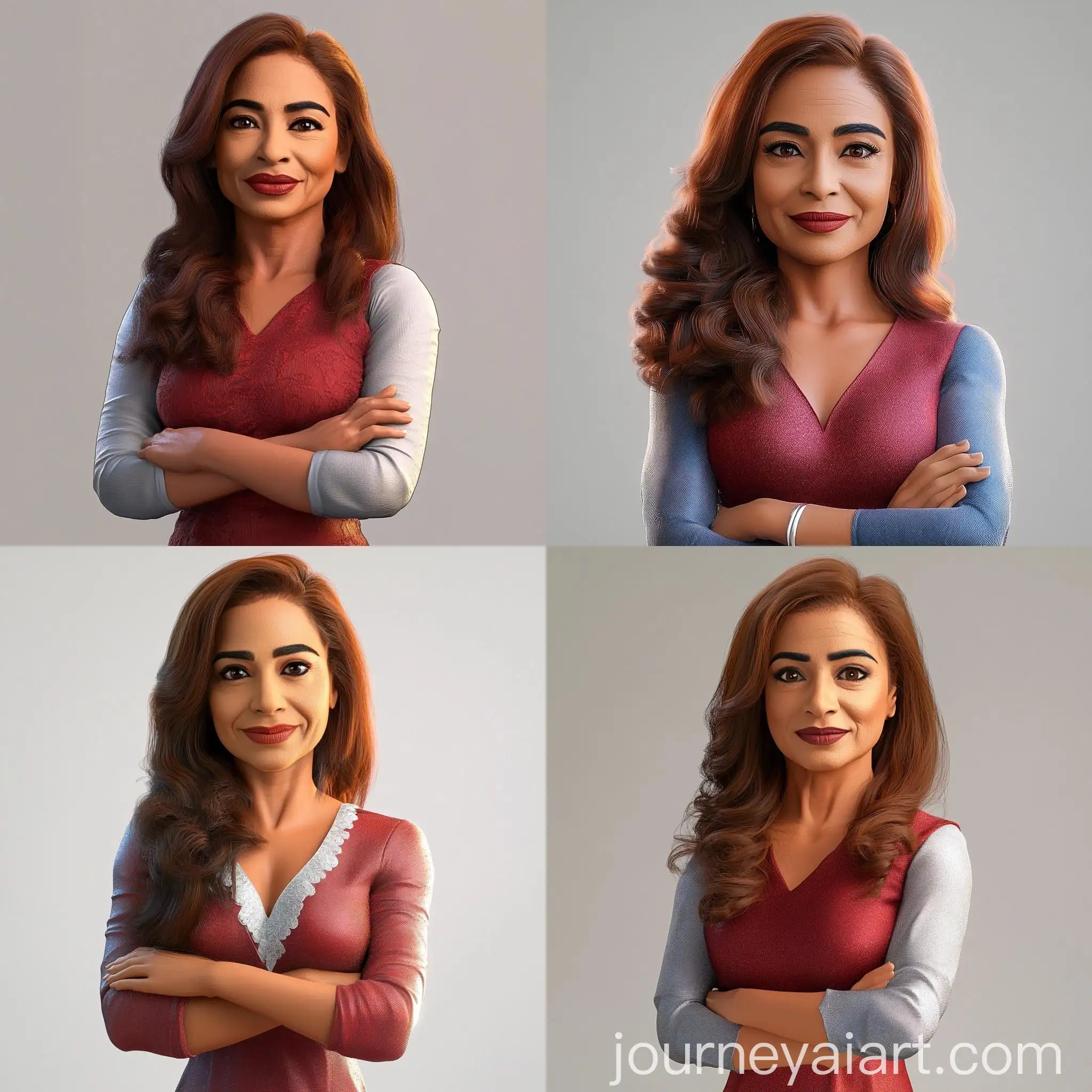 Stylized-3D-Female-Character-in-Elegant-Red-Dress-with-Brown-Wavy-Hair