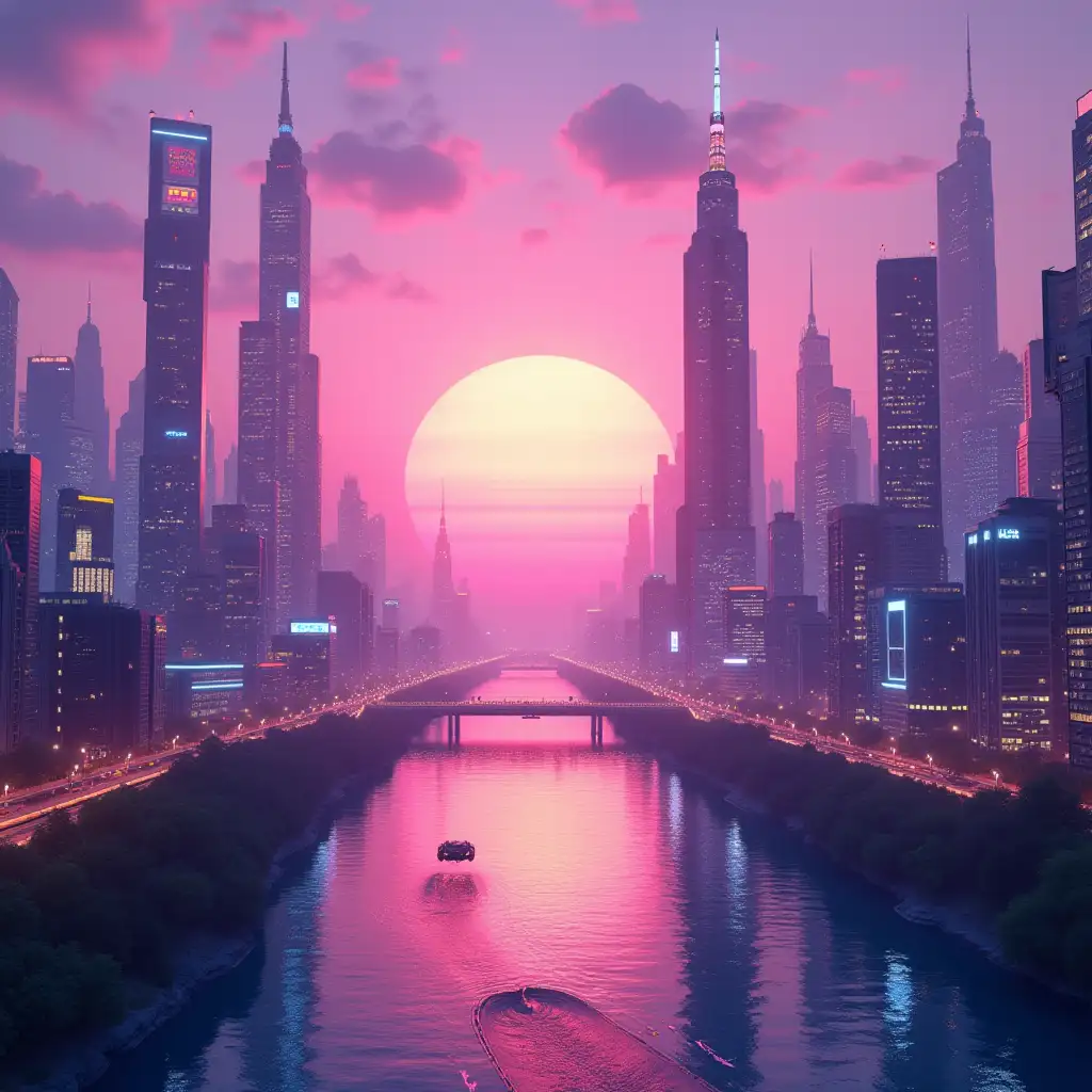 Futuristic-Cityscape-at-Sunset-with-Neon-Lights-and-Flying-Cars