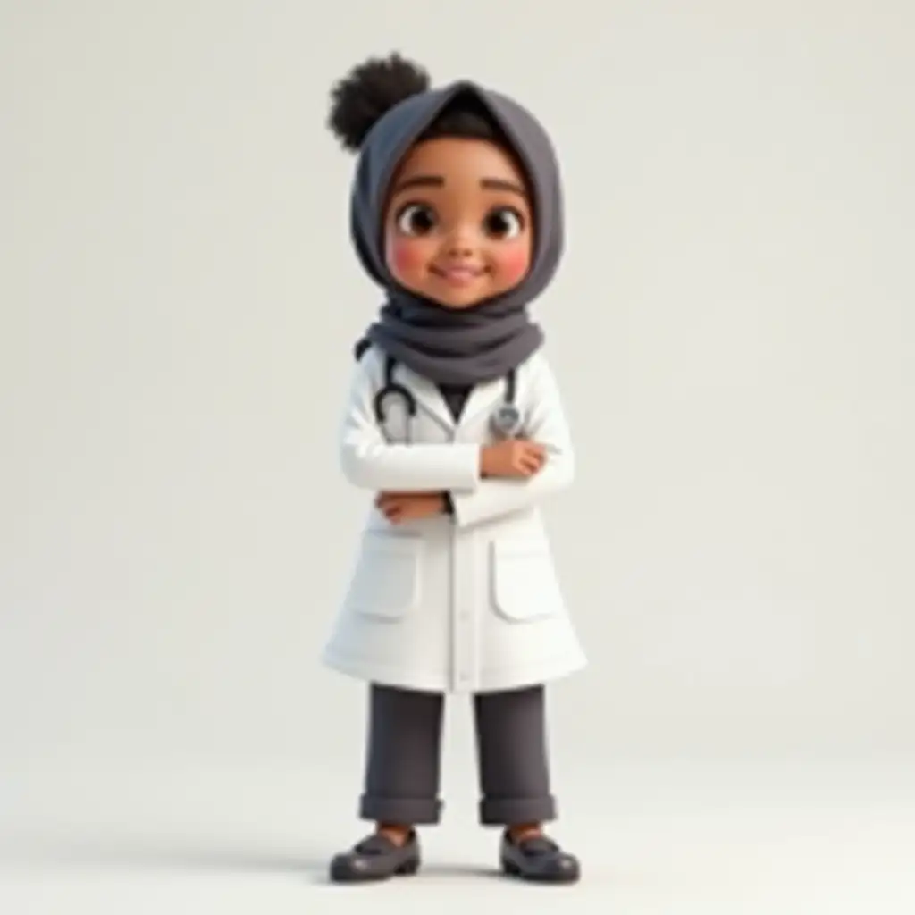 Generate a Pixar Quality 3D rendered image of a 4 year old indian brown skinned muslim hijabi girl with a warm smile wearing doctor white coat suit and stethoscope, Shoes and cross armed front faced pose. Standing against a plain background. FULL Body Portrait. no hairs fallen into forehead   nnUlta HD Image Quality