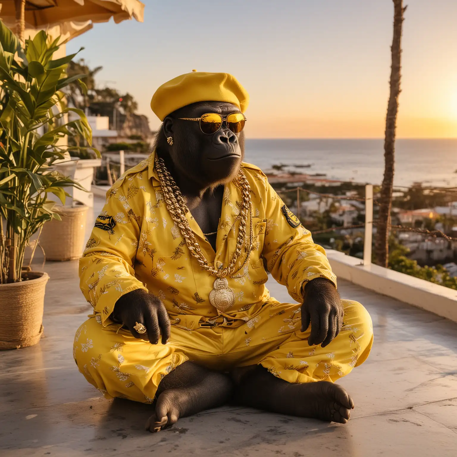 Gorilla in Yellow Hawaiian Military Attire Enjoying Ibiza Sunset