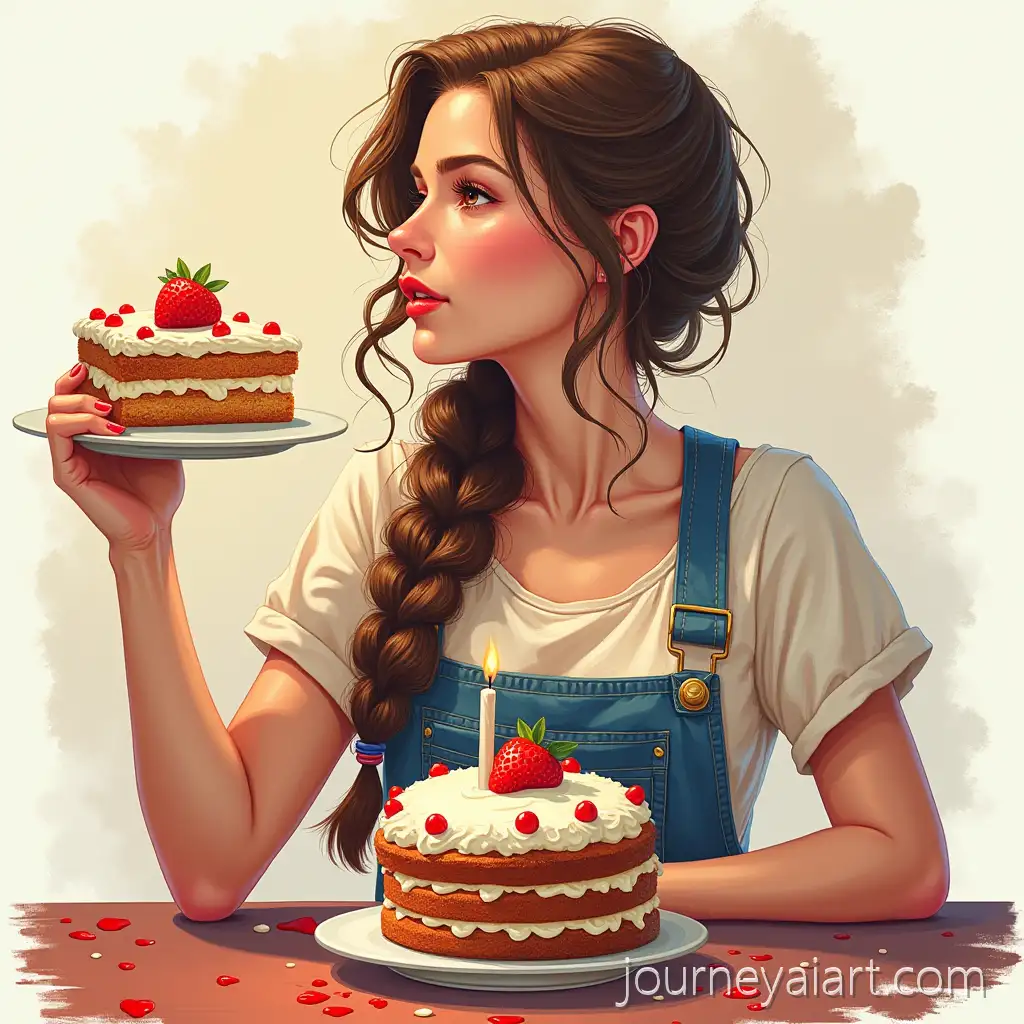 Young-Woman-Enjoying-Cake-at-a-Cozy-Table-in-Overalls-with-a-Braid