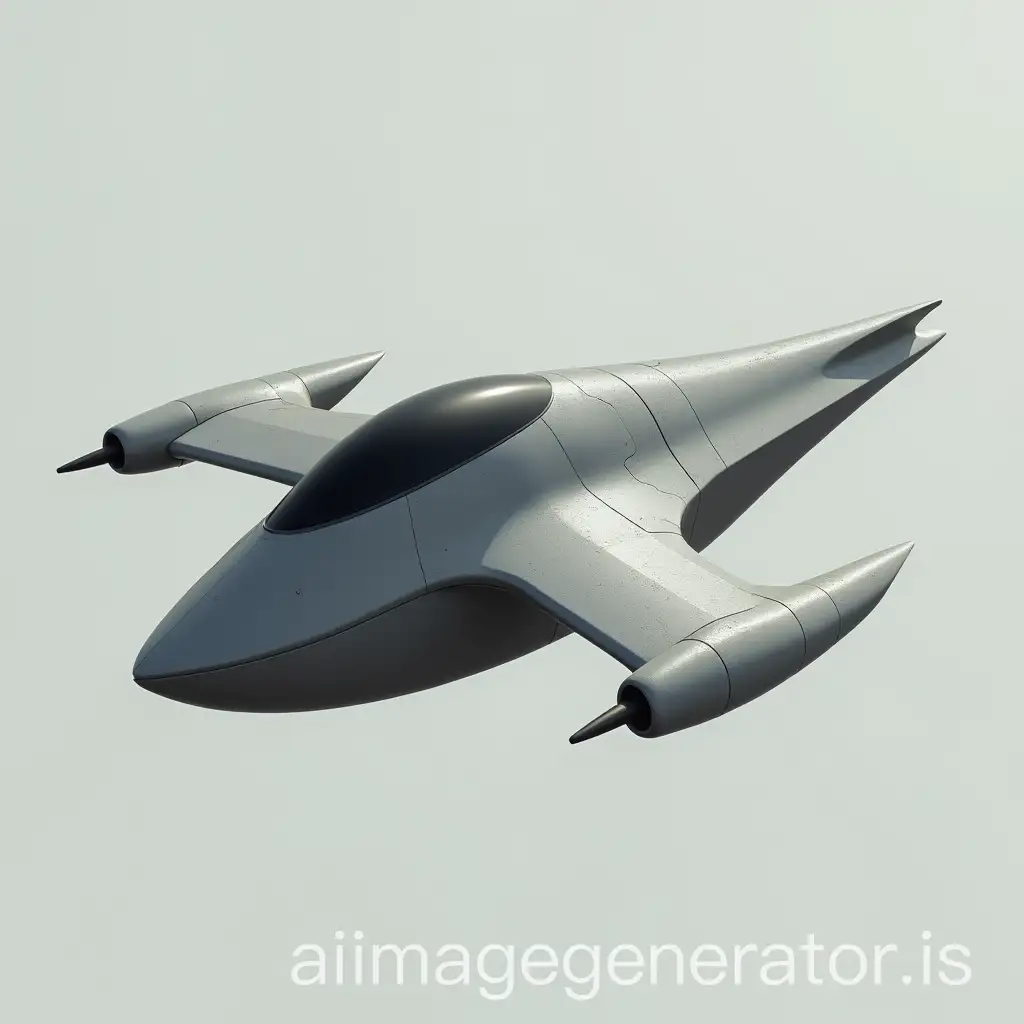 a small flying machine, shaped like a stretched, conical petal. Its body is made of lightweight but strong alloy, with a surface that shimmers in a muted silver-gray color, like smooth obsidian. The side view is something between a falcon's blade and a thin scythe. The top part of the body is streamlined, slightly bulging, with a dark, opaque dome. The dome is made of energy glass, which can become completely invisible, providing the pilot with a panoramic view. On the side parts of the body - two curved wings, resembling the webbed wings of ancient flying reptiles. At the rear end - flat stabilizers with narrow ion thruster nozzles, through which a stream of ion flow comes out, ensuring smooth flight in the atmosphere and entry into the stratosphere. The cabin is designed for one pilot.