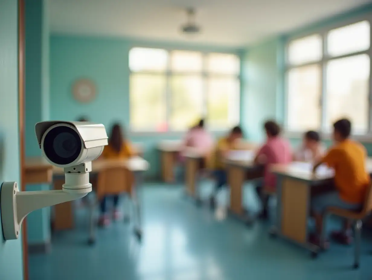 A security camera is focused on a classroom where students are engaged in learning activities at desks in a brightly colored educational environment