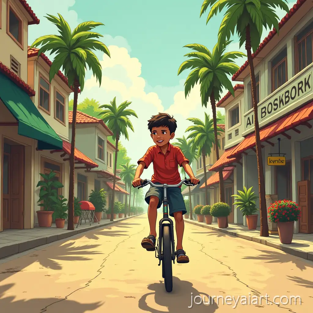 Indonesian-Boy-Riding-Bicycle-Through-Small-Town-Streets-Toward-Bookstore